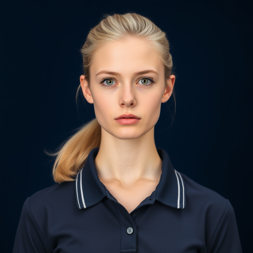 Front view of a serious light blonde-haired 18-year-old woman with a tight slicked-back medium-length ponytail, wearing a polo shirt with a navy blue stripe running along the collar, dark blue backdrop, very detailed.