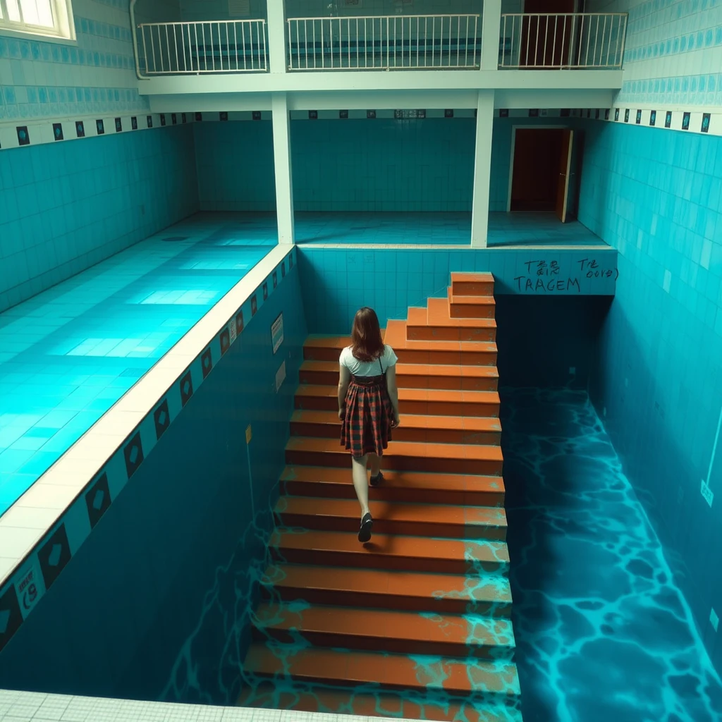 There is a strange swimming pool with steps extending from the second floor down to the pool and to the bottom of the water, where a female student in a dress is walking up the steps at the bottom.