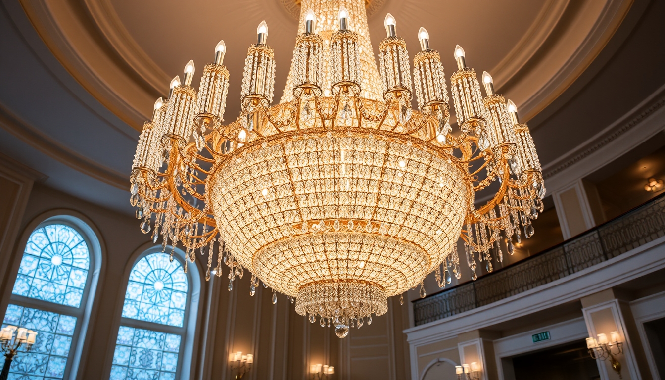 A stunning chandelier made of thousands of tiny glass crystals in a grand ballroom.