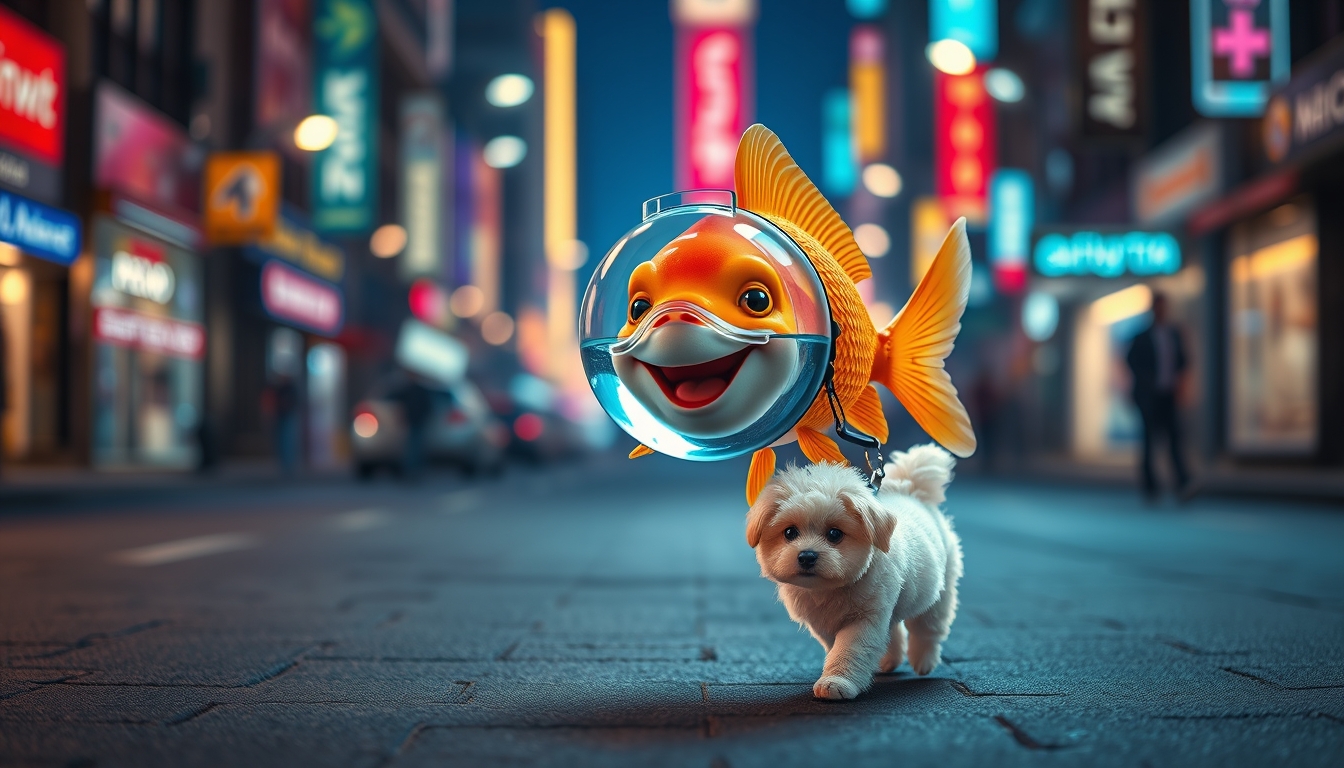 A cute happy goldfish wearing a fish bowl as a breathing mask (half filled with water) is walking a cute dog on a leash in the streets at night, under colorful city lights, happily laughing, mouth open, with a cute face, walking on fins (no legs), with a fluffy dog in front, in a silly walk, ultra realistic, realism.