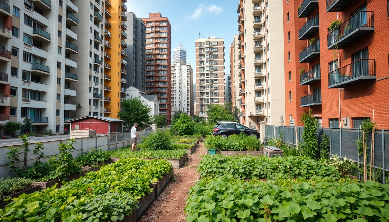 Urban farm or community garden amidst high-rise buildings, showcasing urban agriculture.