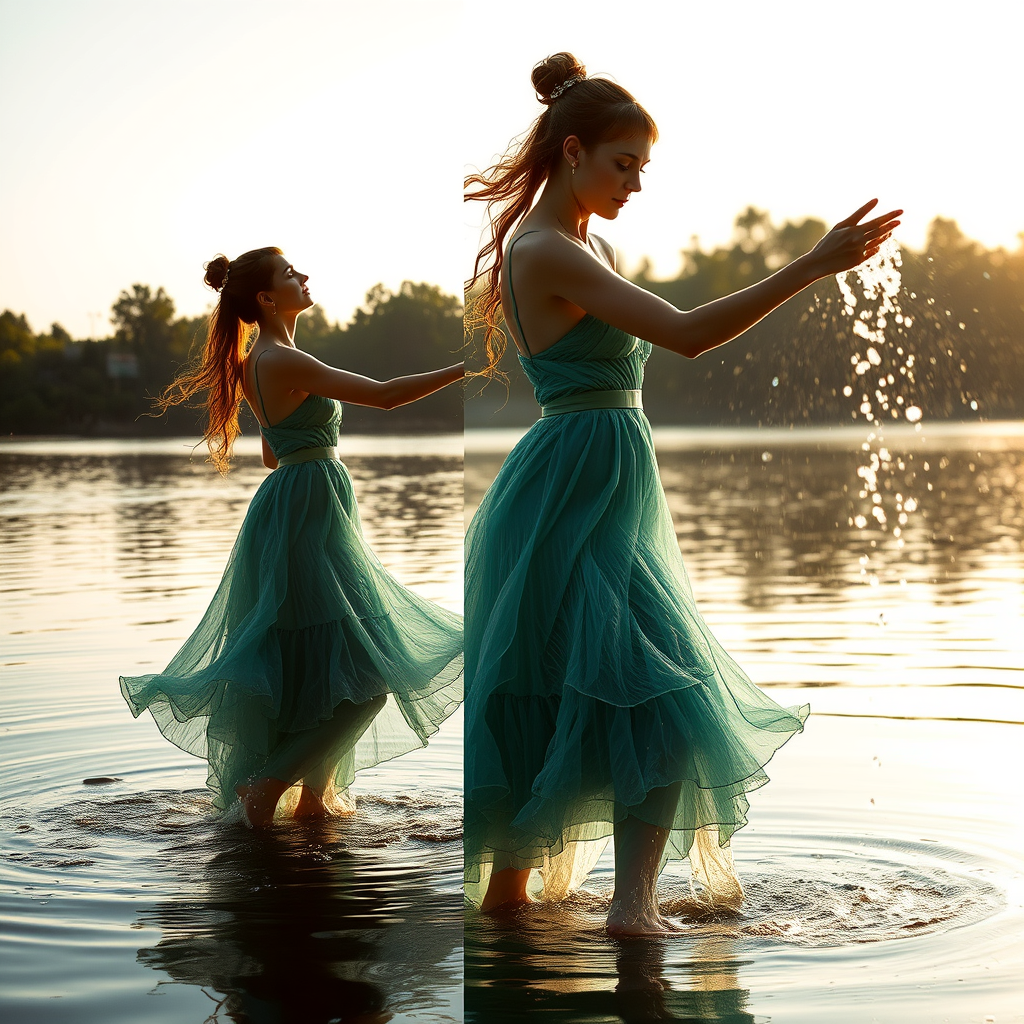 Riverside, dancing woman wearing a dress made of water, side view, full body view, strong light falls on her, water pours from the sky.