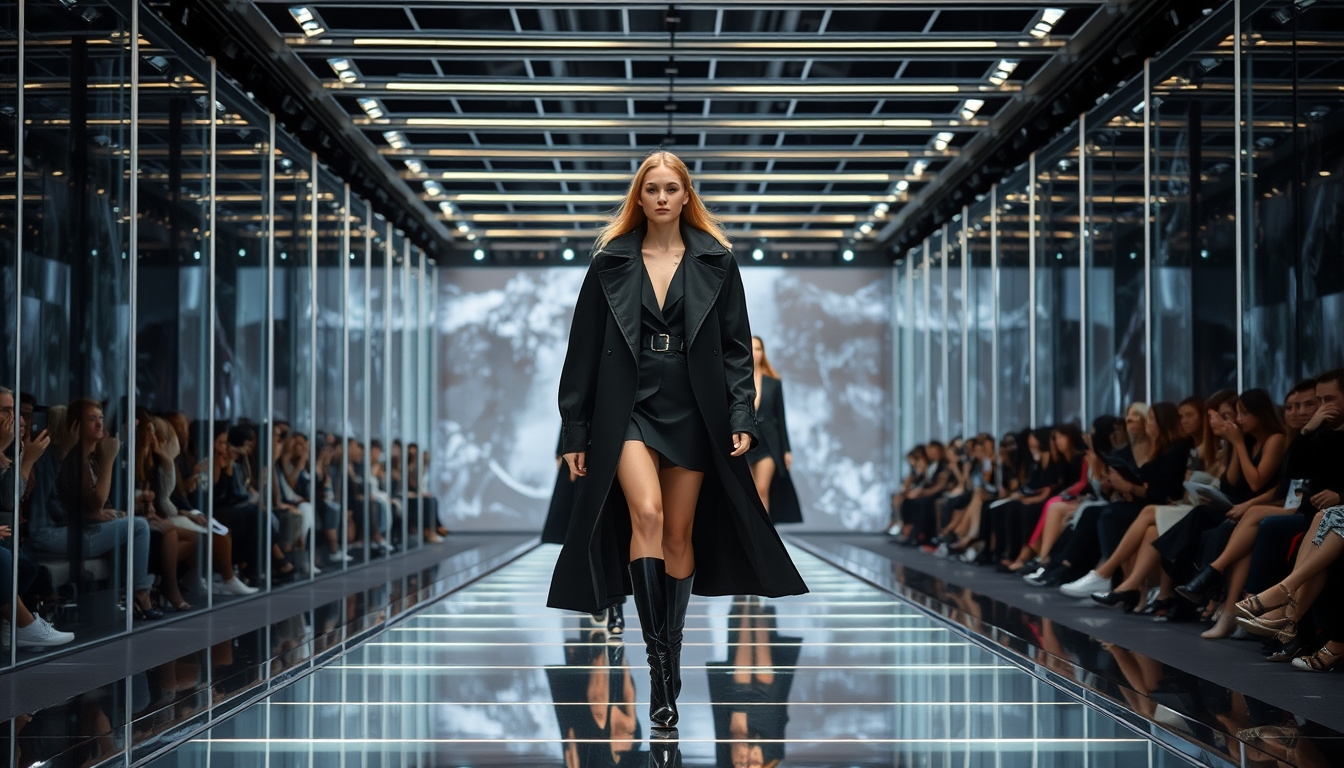 A high-end fashion show with models walking down a glass runway. - Image