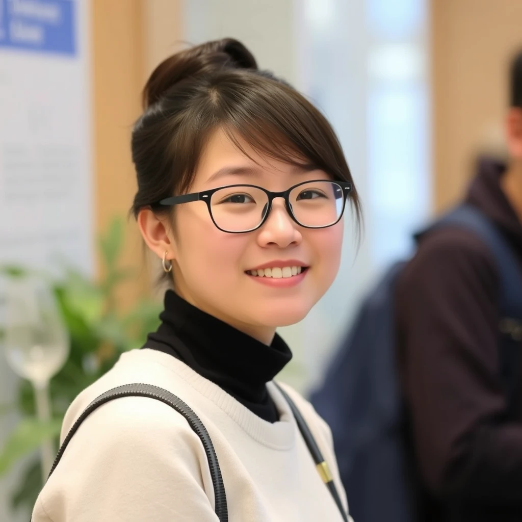 Woman, 22 years old, student, Chinese face, wearing glasses.