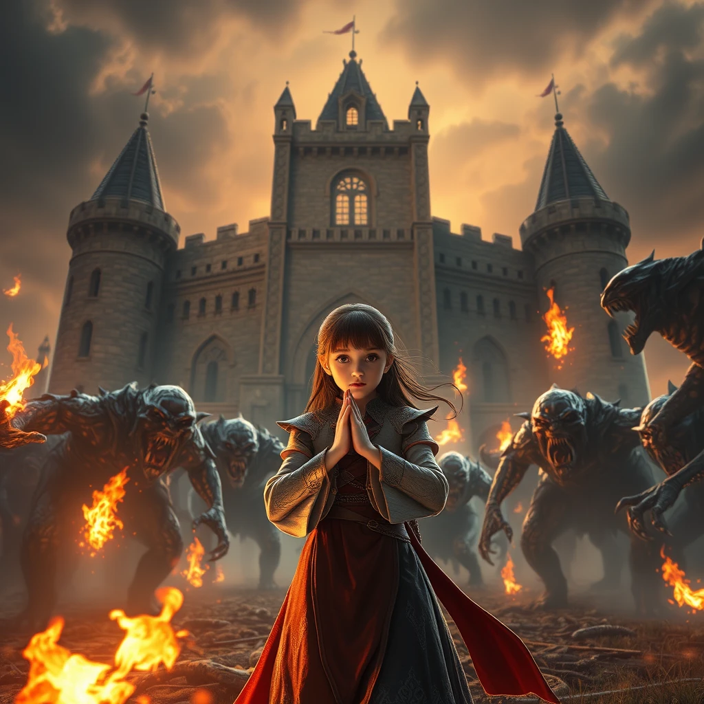 In front of an ancient castle, a group of dark creatures emerged. They come in various shapes, some with sharp claws, while others spew out blazing flames. The heroic girl was fearless. She clasped her hands together and recited a mysterious spell from her mouth. In an instant, a powerful light shot out of her hand, illuminating the entire battlefield. The dark creatures roared in pain under the illumination of the light, but the girl did not stop. She constantly released her powerful energy and defeated the dark creatures one by one. Picas style, 3D rendering, ultra-high definition picture quality, 36k, -- niji 6.