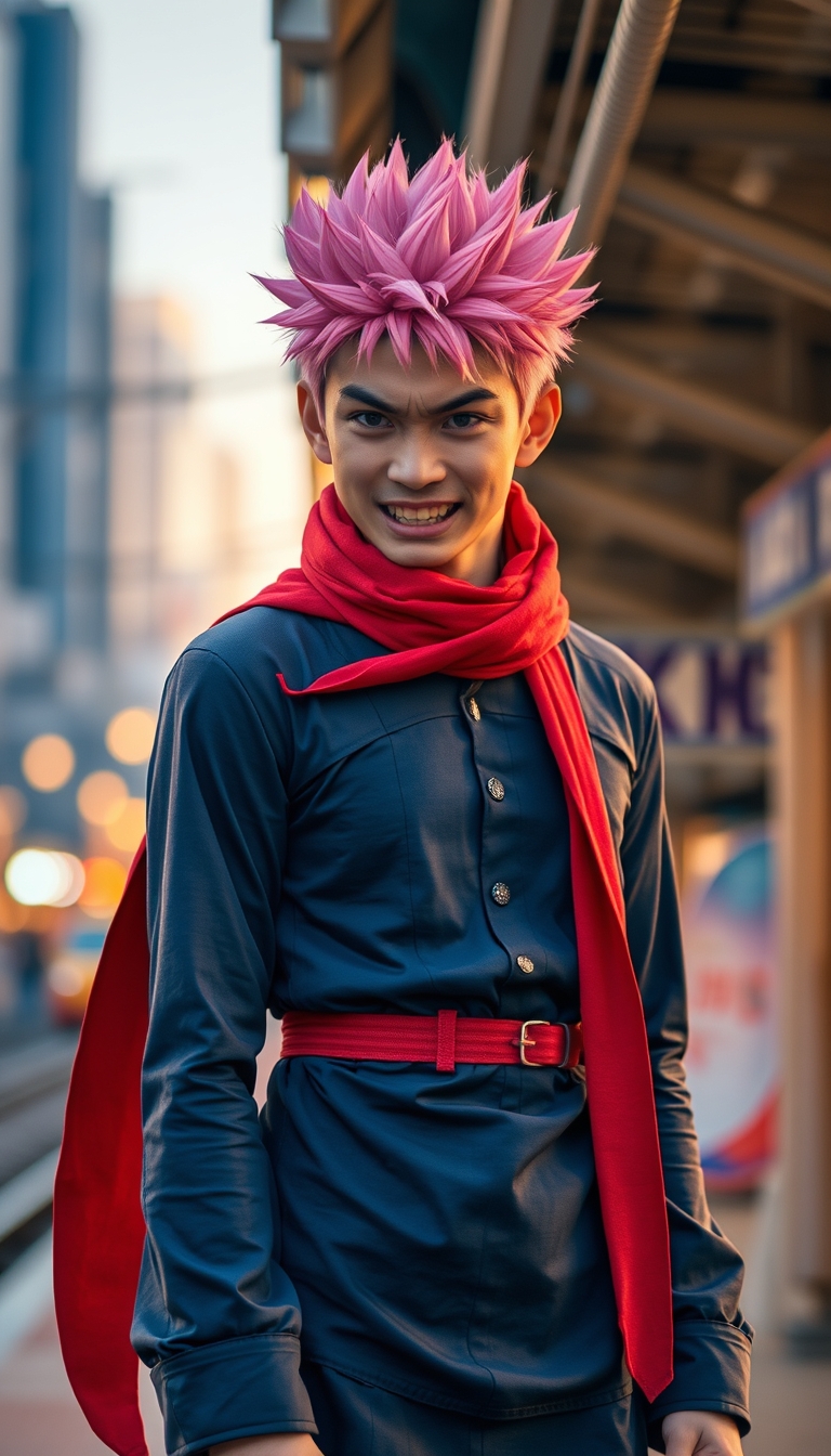 A Japanese guy wearing a dark blue long sleeve dress with a red scarf around his neck, pink spiky hair, a full spirit and energetic expression, angry, during the golden hour, with a Tokyo train station background and bokeh. - Image