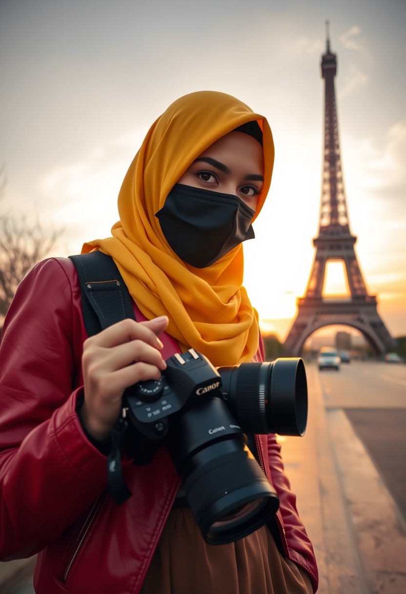 Biggest hijab, yellow Muslim girl, beautiful eyes, black face mask, red leather jacket, biggest skirt, holding a Canon DSLR camera, sunrise, morning scenery, Eiffel Tower, hyper-realistic, street photography. - Image