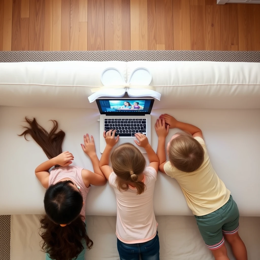 Three girls about ten years old. Watching a movie on a laptop on a white sofa. On their stomachs. Top view.