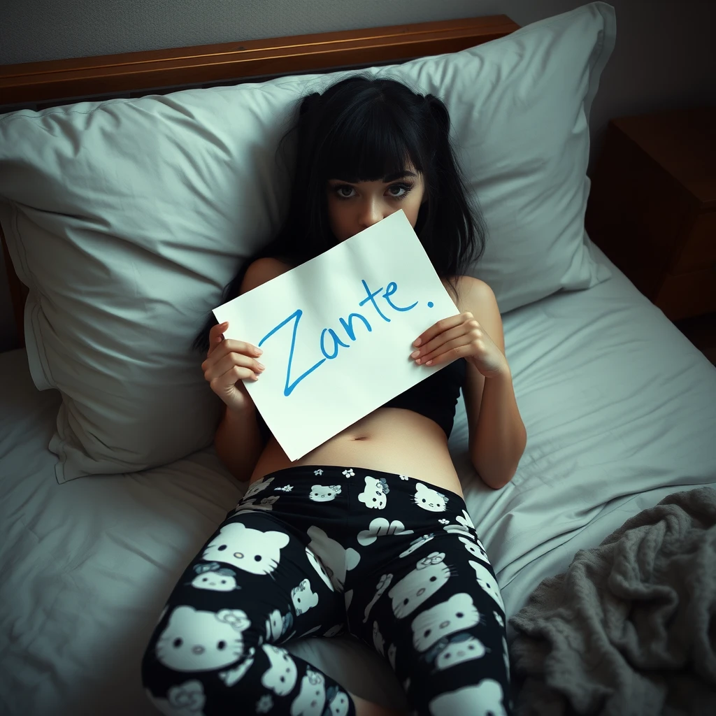 A gothic girl is lying on the bed wearing Hello Kitty pants. She shows half of her face to the mirror. What is reflected in the mirror is a piece of paper. Additionally, the paper is on top of the girl, and the writing on the paper is blue, and it says "Zante" on it. - Image