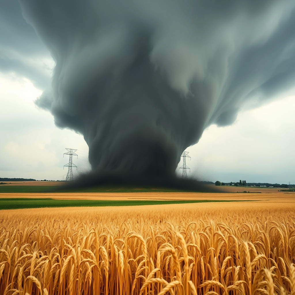 Very huge black tornado in the wheat meadow.