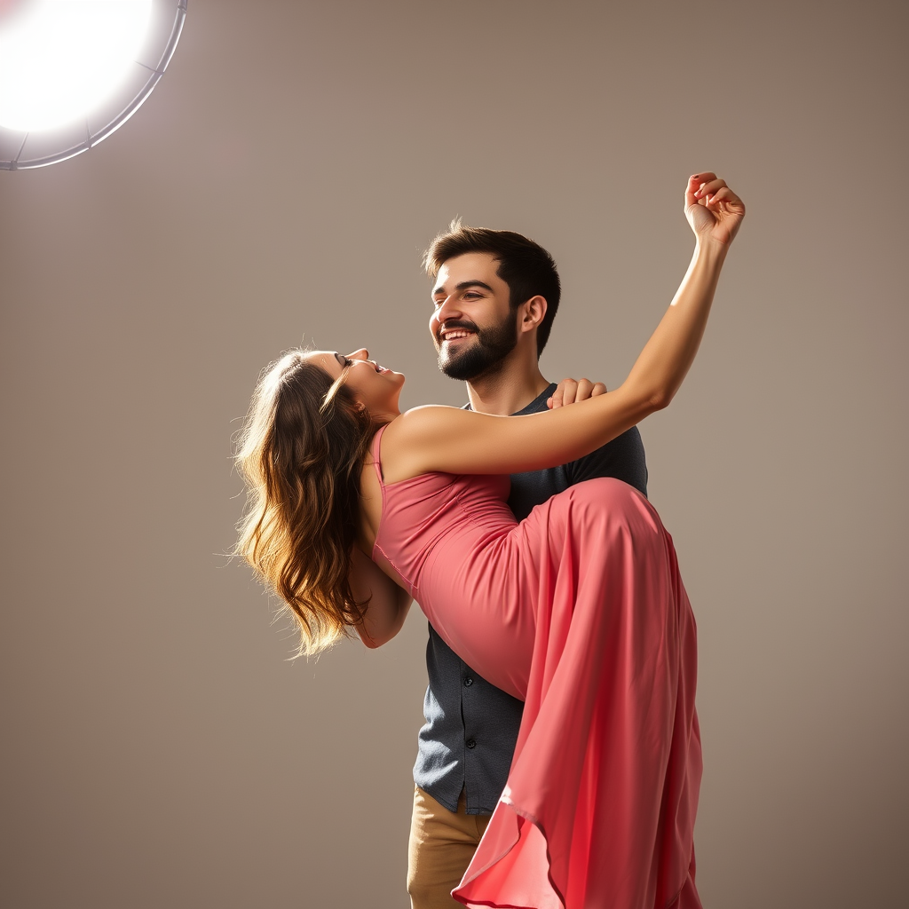 handsome man lifting women in his arm, studio lighting - Image