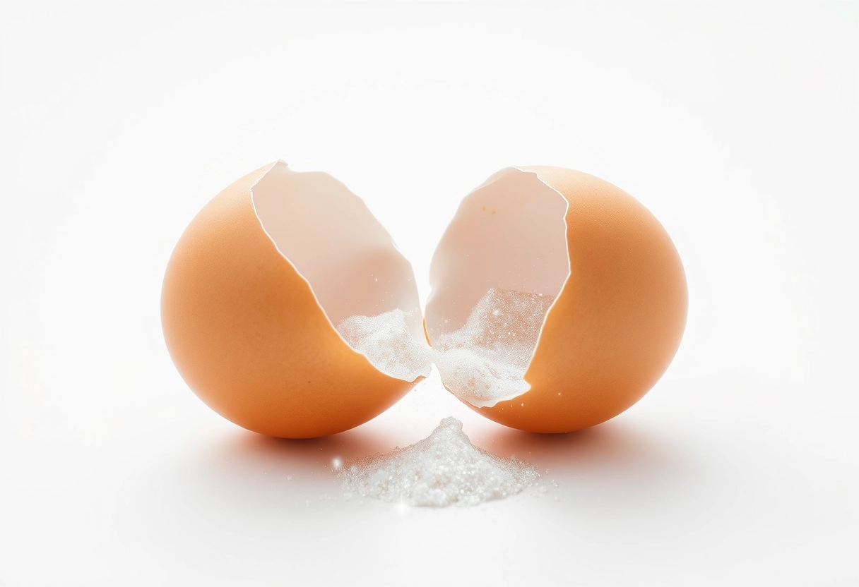 A broken egg split in two on an endless pure white surface, sparkling galaxies flow from between the two halves of the eggshell onto the plane.