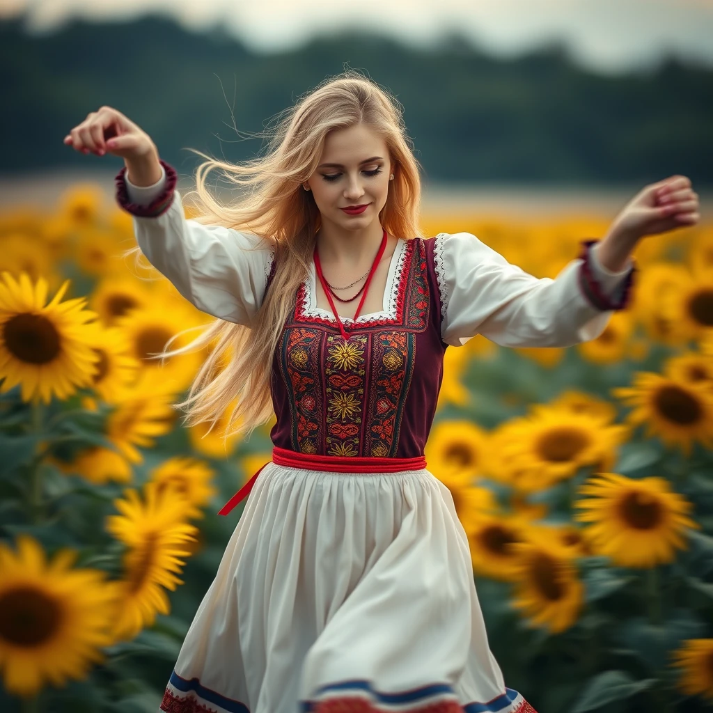 A Ukrainian woman dancing in a sunflower field, 20 years old, blonde, with light in her eyes, (Ukrainian traditional costume: 1.4), Style by Rick Remender, Motion blur, Movement, Full body, Award-winning work. - Image