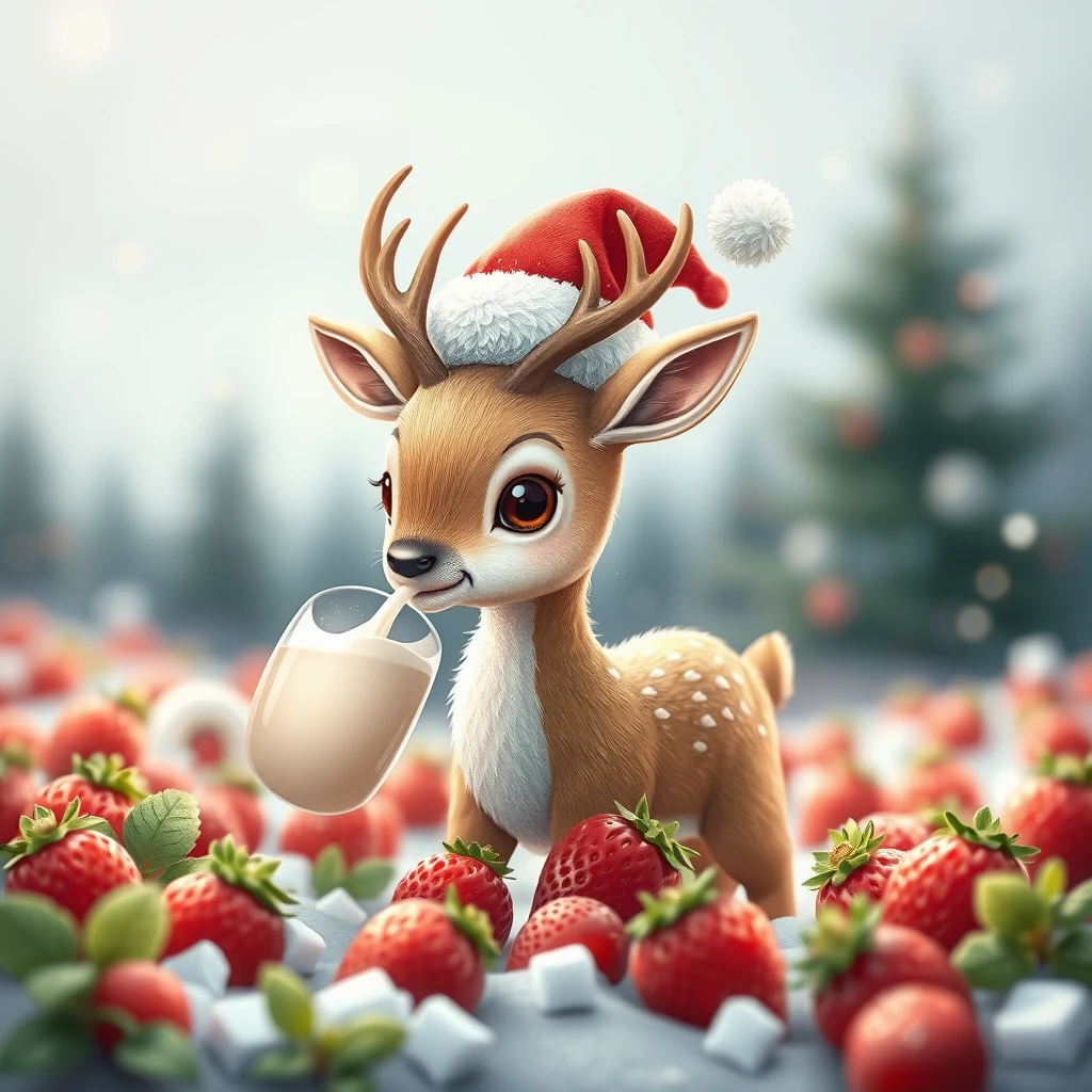 "A cute baby deer that must drink a million strawberry milks to go to Santa's star, spaceship."