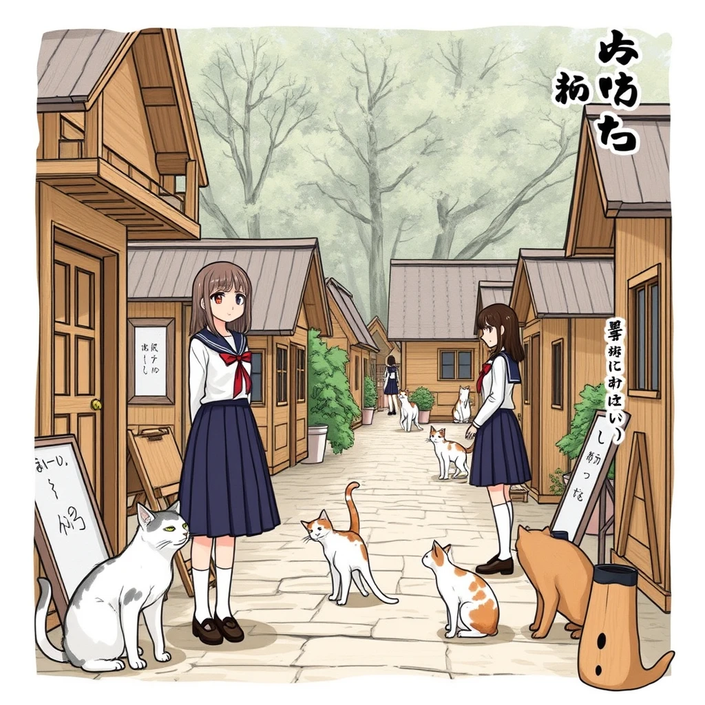 There are wooden houses, female students in skirts, cats, and Chinese characters or Japanese.