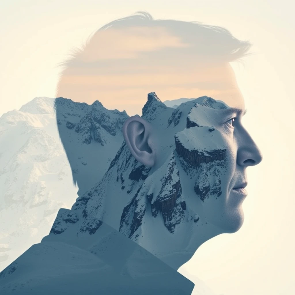 "[Abstract style of snowy cliffs] within the [profile of a middle-aged man's head], this is a double exposure photograph. Non-representational, colors and shapes, emotional expression, imaginative, very detailed." - Image