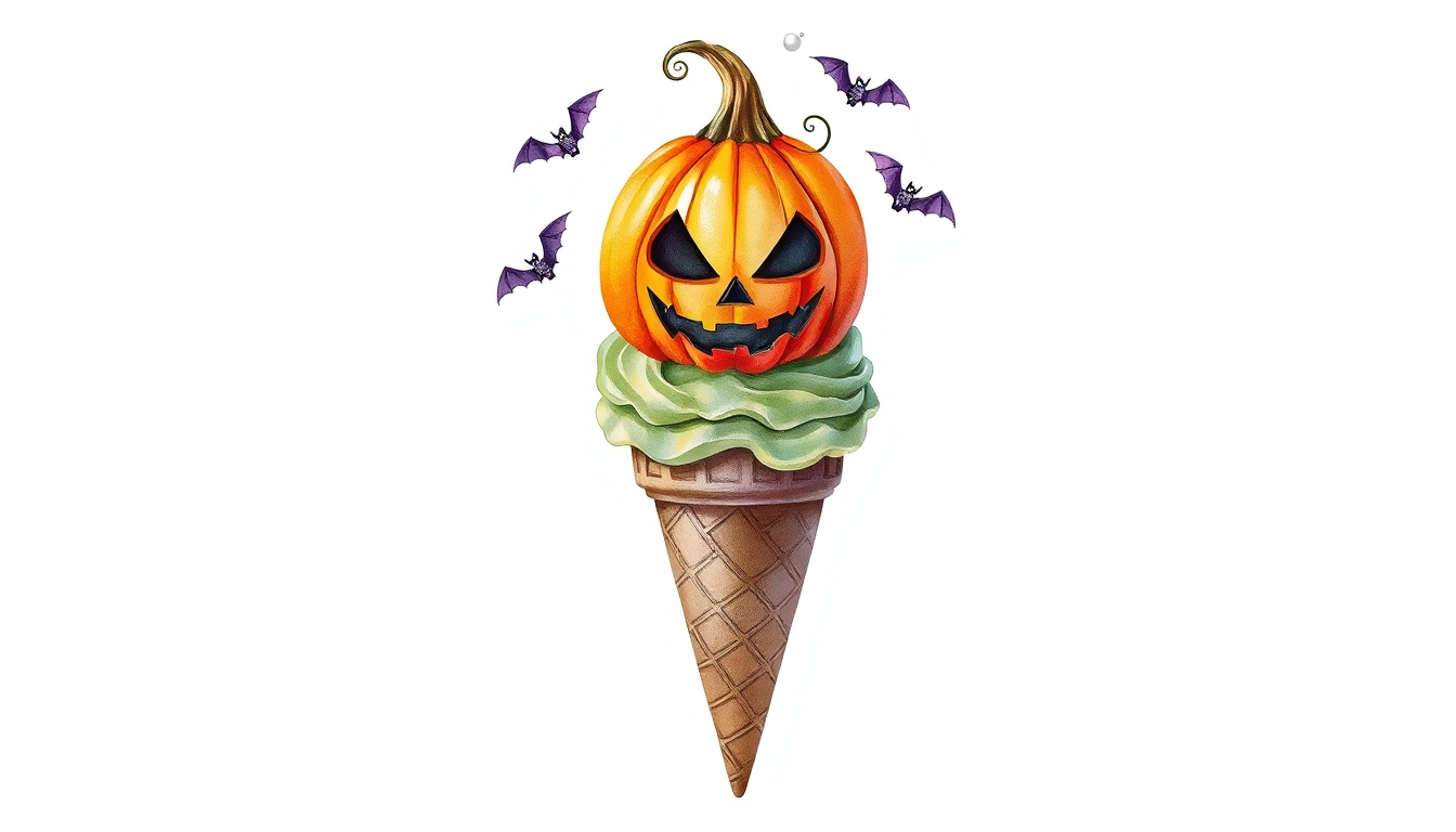 Ice cream cone, topped with Halloween-themed pumpkin face, spooky decorations, Watercolor style