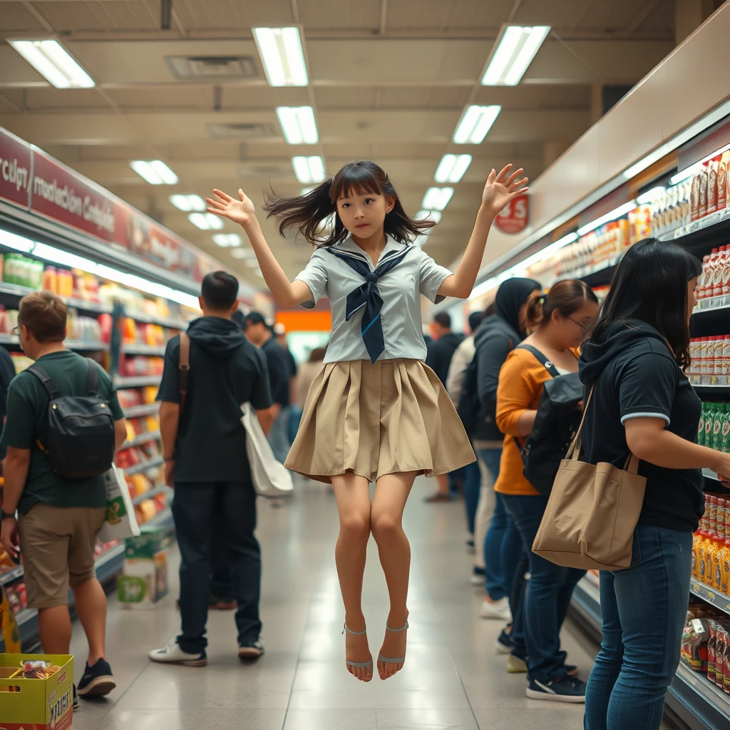 In the supermarket, there are many people, among them a Japanese schoolgirl in a short skirt who has flown up. Her skin is very pale, and you can see her shoes.