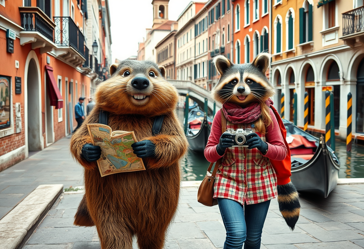 Create a charming scene where a beaver guy and a raccoon girl, dressed as tourists, are both smiling as they casually stroll through the picturesque streets of Venice. The beaver should hold a map, eagerly pointing out landmarks, while the raccoon carries a small camera, filming their adventures. The duo should look cheerful and curious, enjoying their whimsical journey together. Surround them with iconic Venetian elements such as gondolas, ancient bridges, and charming canals. The vibrant colors of the historic buildings should complement the vibrant atmosphere. This photo should evoke a sense of wonder, camaraderie, and playful exploration in one of the most beautiful cities in the world. Photorealism.