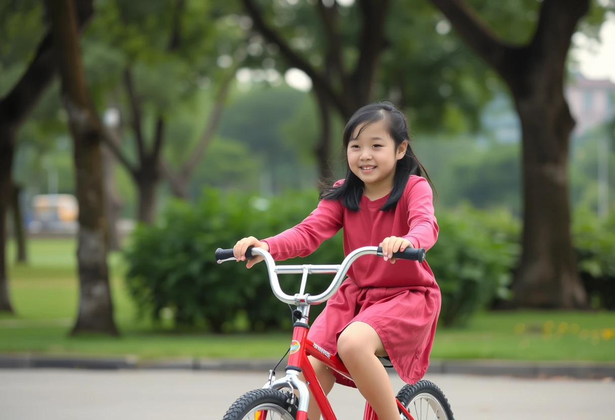 In the park, a beautiful ten-year-old Chinese girl is riding a bicycle. A long shot, full-body view.