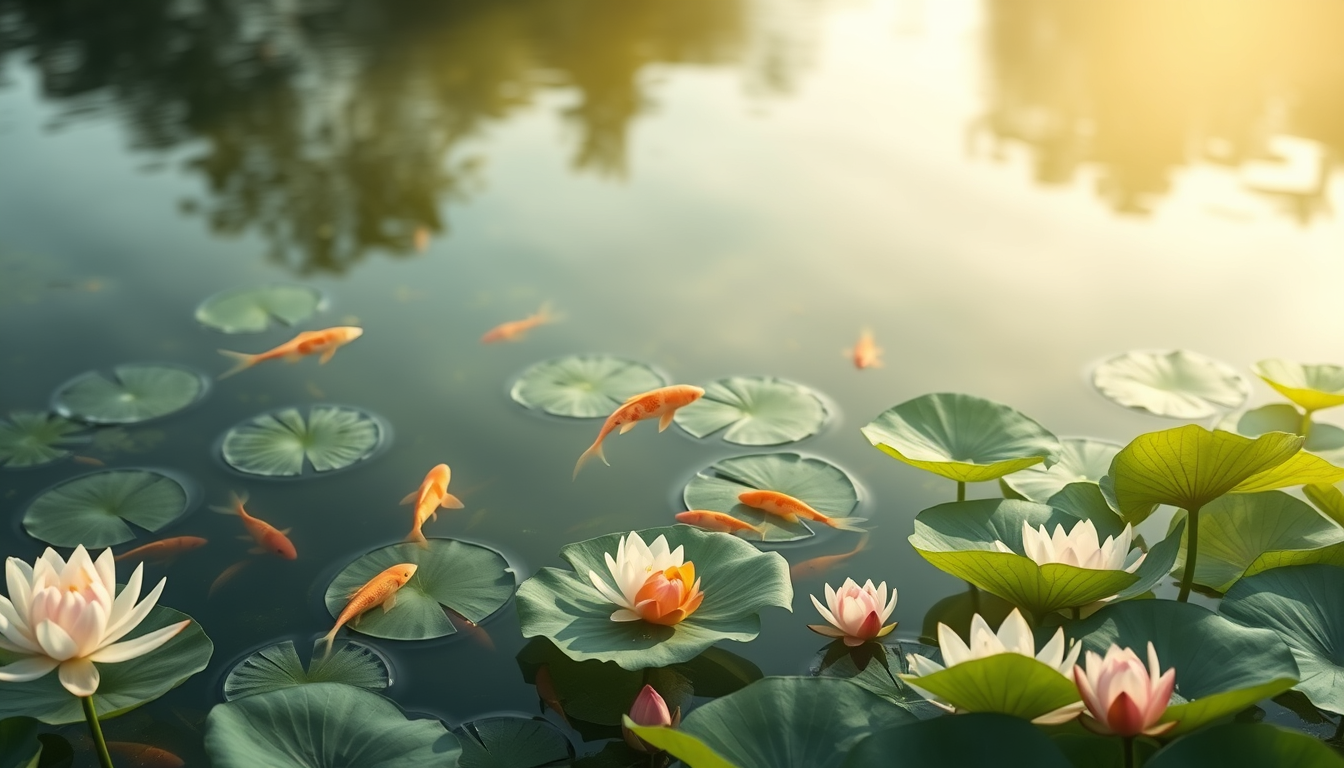 gentle nature, a soft breeze blowing, fish swimming playfully in the lotus pond.