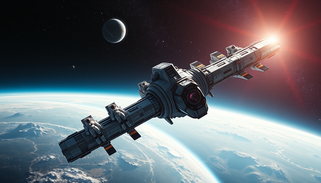 A high-detail render of a futuristic space station orbiting a distant planet, with astronauts conducting a spacewalk and distant galaxies in the background. - Image