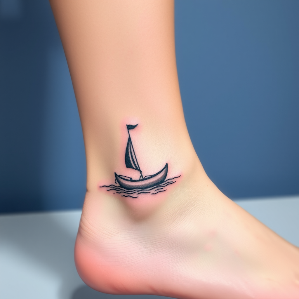 Tattoo image, outer side of the ankle, small boat - Image