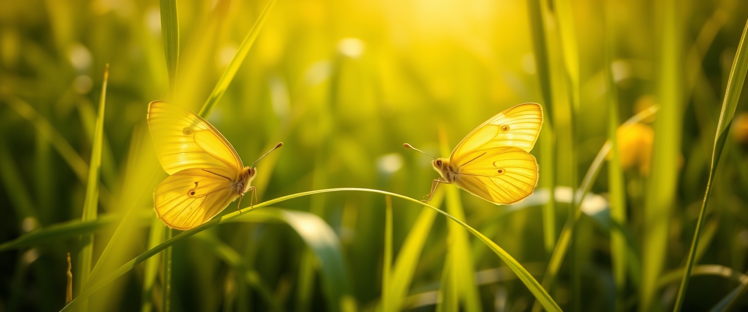 A beautiful yellow butterfly perched on a blade of grass in a field, with soft sunlight shining through the foliage. - Image