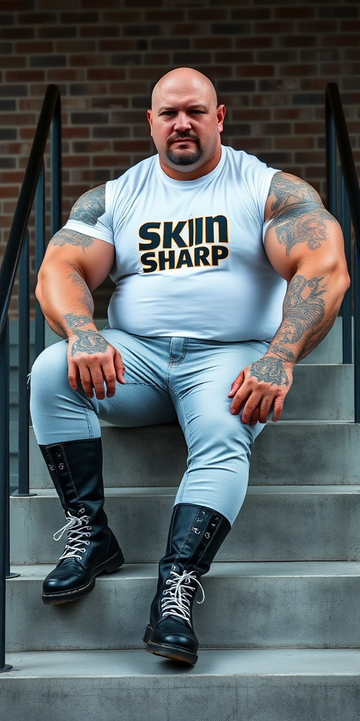 Prompt: a portrait-style photograph featuring an extremely huge 50-year-old muscular, beefy, handsome male skinhead bodybuilder sitting on a set of concrete stairs. He has a bald head, light skin, and is wearing a white t-shirt with the Skin Sharp logo on it. His enormous muscular arms are heavily tattooed with intricate designs. He is also wearing tight bleached denim trousers that highlight his huge, muscular legs and black knee-high Dr. Martens boots with white laces. The background consists of a brick wall and metal handrails on either side of the stairs. The overall setting appears to be industrial. - Image