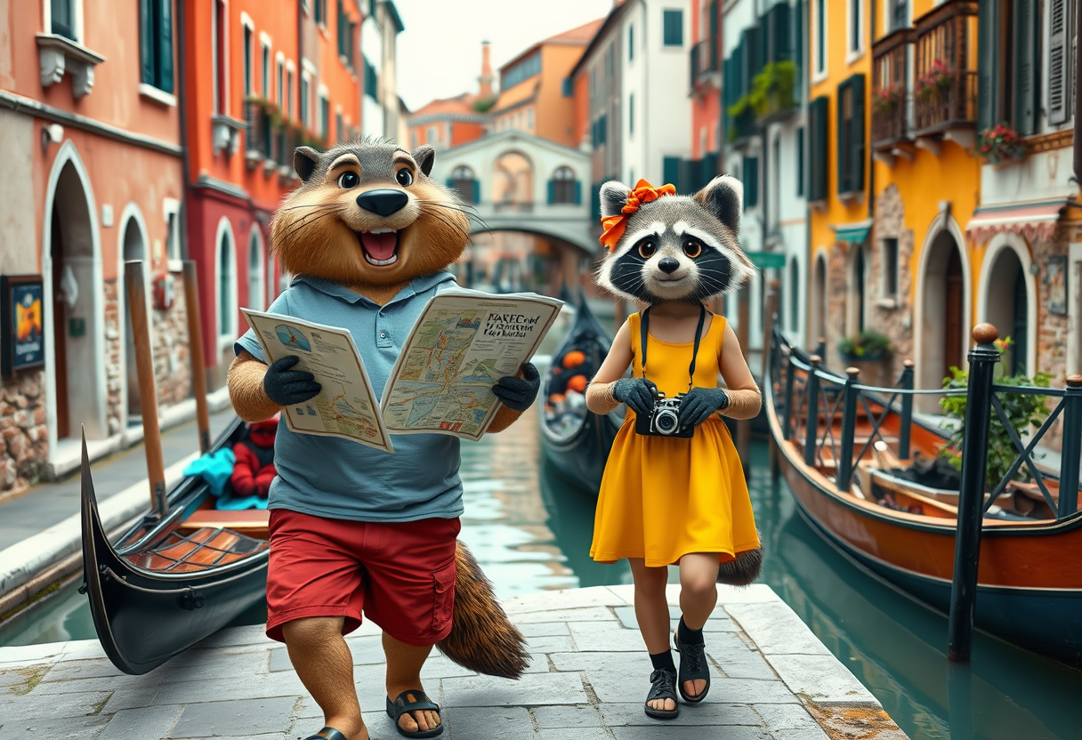 Create a charming scene where a beaver guy dressed in shorts and a t-shirt and a raccoon girl dressed in a bright dress, both smiling, casually strolling through the picturesque streets of Venice. The beaver should hold a map, eagerly pointing out landmarks, and the raccoon should carry a small camera, filming their adventures. The duo should look cheerful and curious, enjoying their whimsical journey together. Surround them with iconic Venetian elements such as gondolas, ancient bridges, and charming canals. The vibrant colors of the historic buildings should complement the vibrant atmosphere. This photo should evoke a sense of wonder, camaraderie, and playful exploration in one of the most beautiful cities in the world. Photorealism.