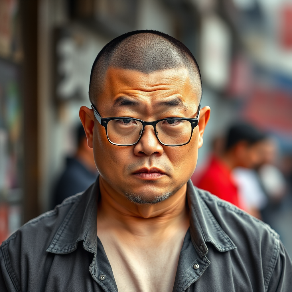 A Chinese male around 35 years old, with a strong street vibe, has a clean and sharp buzz cut that seems to declare his toughness and resilience. He is robust and powerful, showing signs of long-term hard living on the streets; each muscle tells a story. Wearing a pair of framed glasses, he appears cultured, yet there is a subtle glow of streetwise intelligence. His unevenly trimmed stubble on the chin gives him a rebellious and unconventional look, fully embodying the street style. Dressed in a casually open shirt with a flipped collar, he exudes an attitude of nonchalance typical of street life. His face is full yet angular, combining the ruggedness and charm forged from street life into a unique personality filled with street charisma. - Image