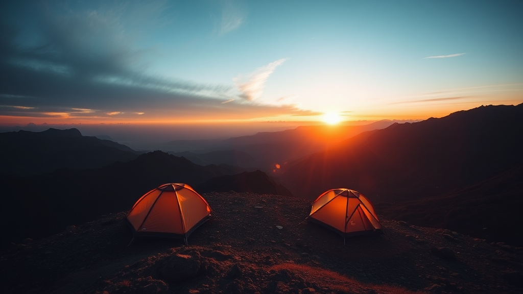 Tents on a mountain in the middle of, Rudy Siswanto, art photography, Flickr contest winner, tents, vibrant sunrise, at sunrise, trending on 500px, trending on 500px, during dawn.