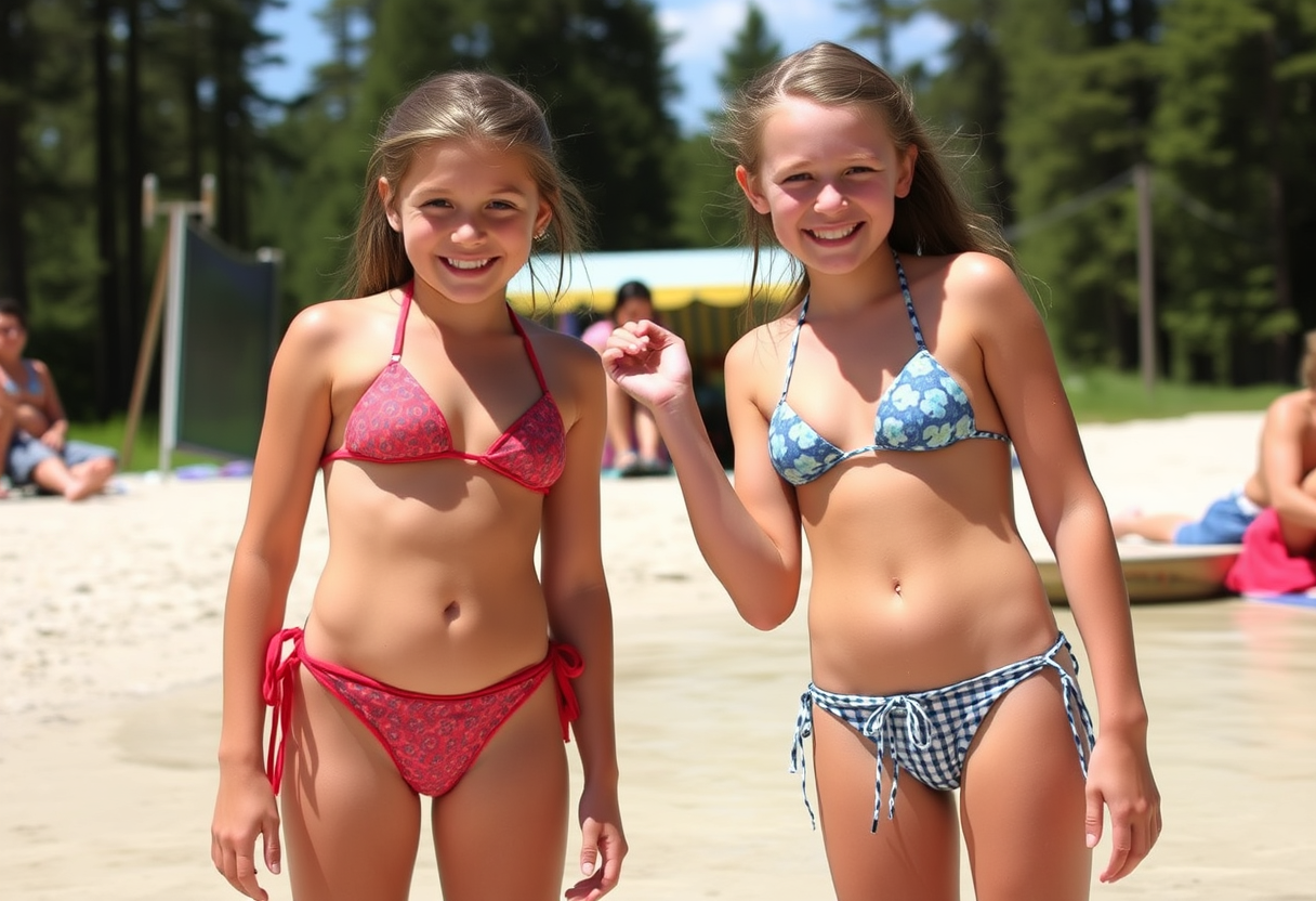 Two summer campers compare to discover which has the more revealing bikini. - Image