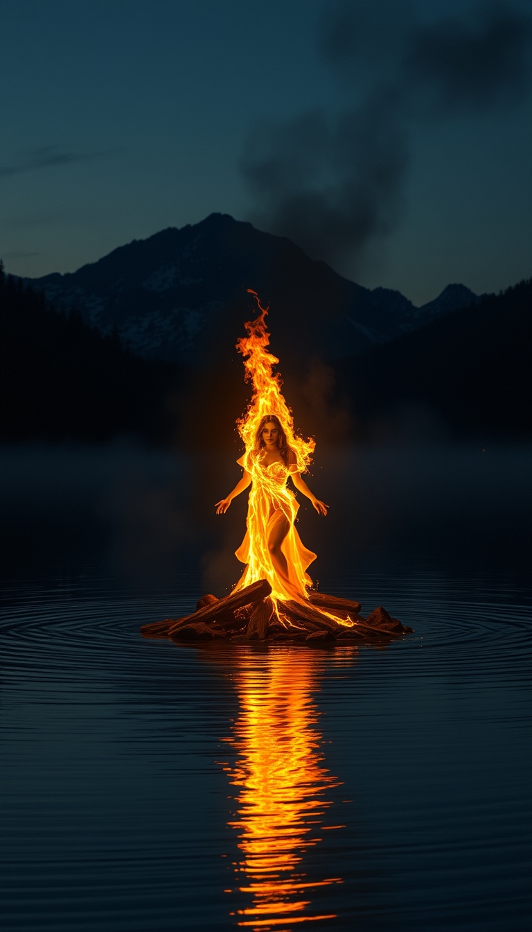 A fire goddess emerges from a lake at night.