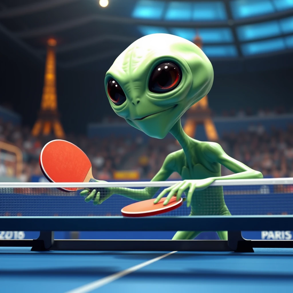 A cute alien playing table tennis at the Paris Olympics.