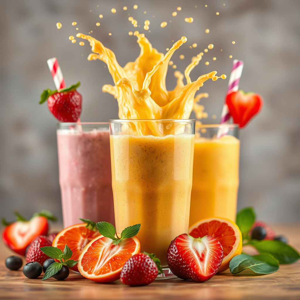 Smoothies, Healthy and vibrant smoothie. Capture dramatic smoothie splash. Creative Dynamic composition, varying angles. Macro Food photography, taken by a very high-tech expensive camera. Eye-catching, mouthwatering and captivating. Photo product, great for poster promotion. 8k, HD quality, ultra-realistic, hyper-detailed. Out of the box idea taken from different angles. - Image