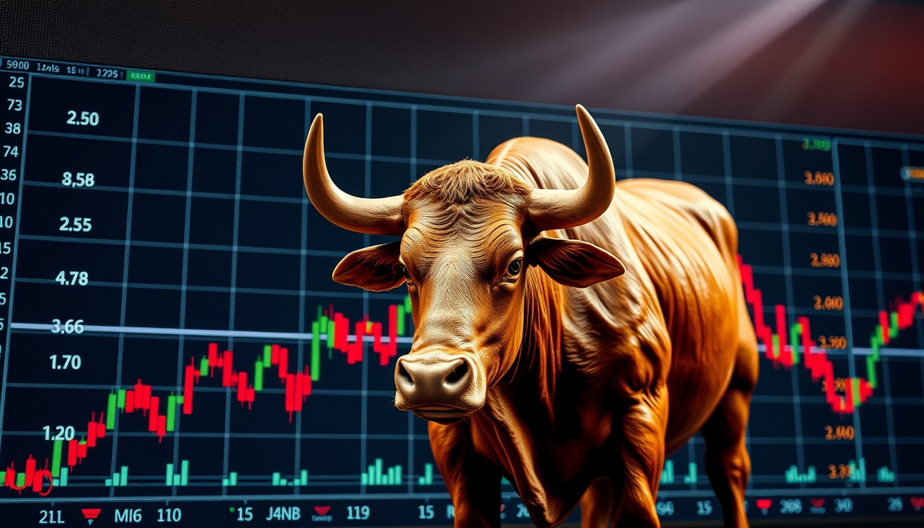 Bull in front of a stock market chart, illustrating the concept of a strong market and financial gains. - Image