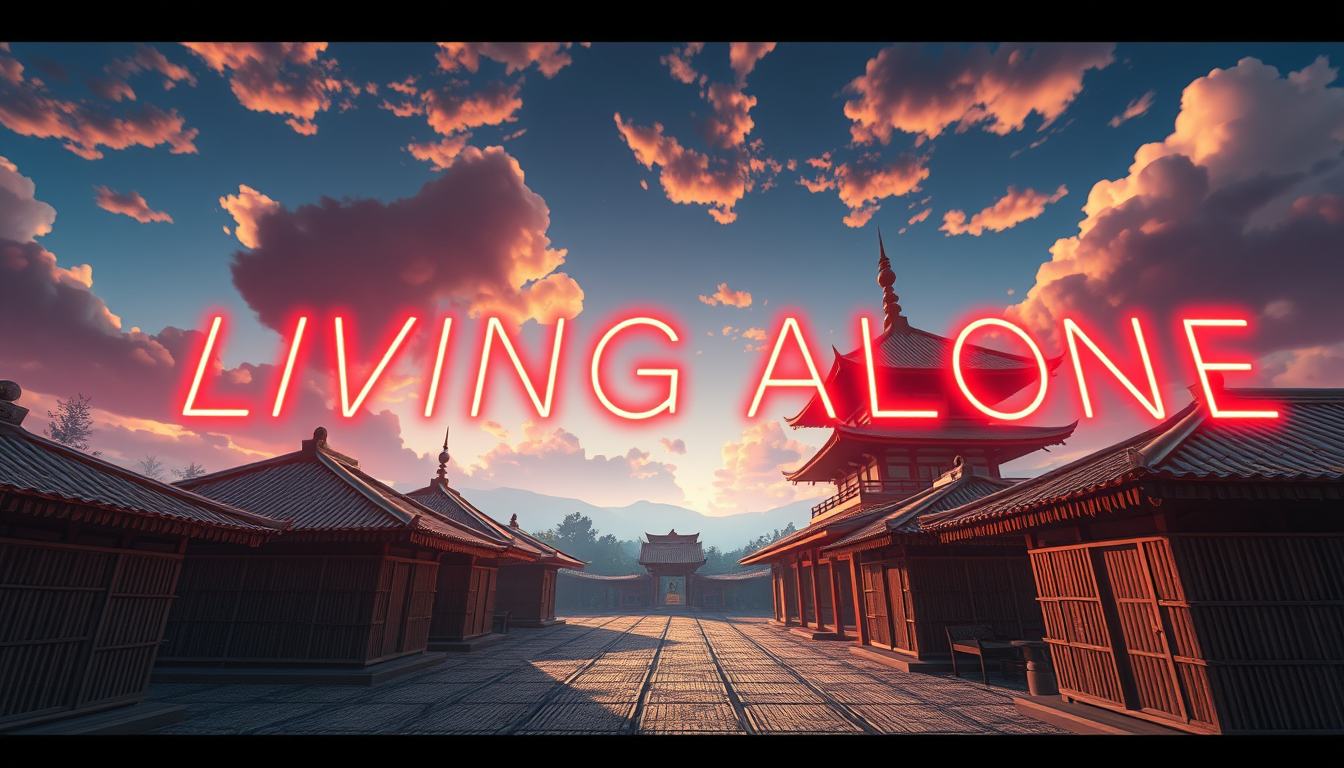 Anime 3D style of wide drone view of bamboo huts in an old pagoda in the early morning, super detailed and warm, with sunlight and moving clouds. Text "LIVING ALONE" in neon in the sky, so big and impactful. - Image