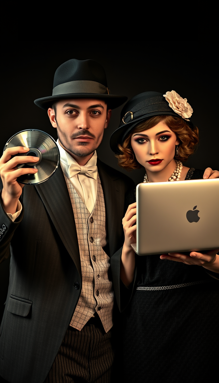 vivid detail, cinematic, hyper-realistic silent film movie poster, black-and-white film displays a couple from the 1920s, striking dramatic poses typical of that era. They are adorned in authentic 1920s clothing and makeup. Both characters show a keen interest in 21st-century media devices: the man holds a realistic DVD and an ultra-realistic Blu-Ray, while the woman is captivated by the screen of her MacBook Pro. 8k render - Image