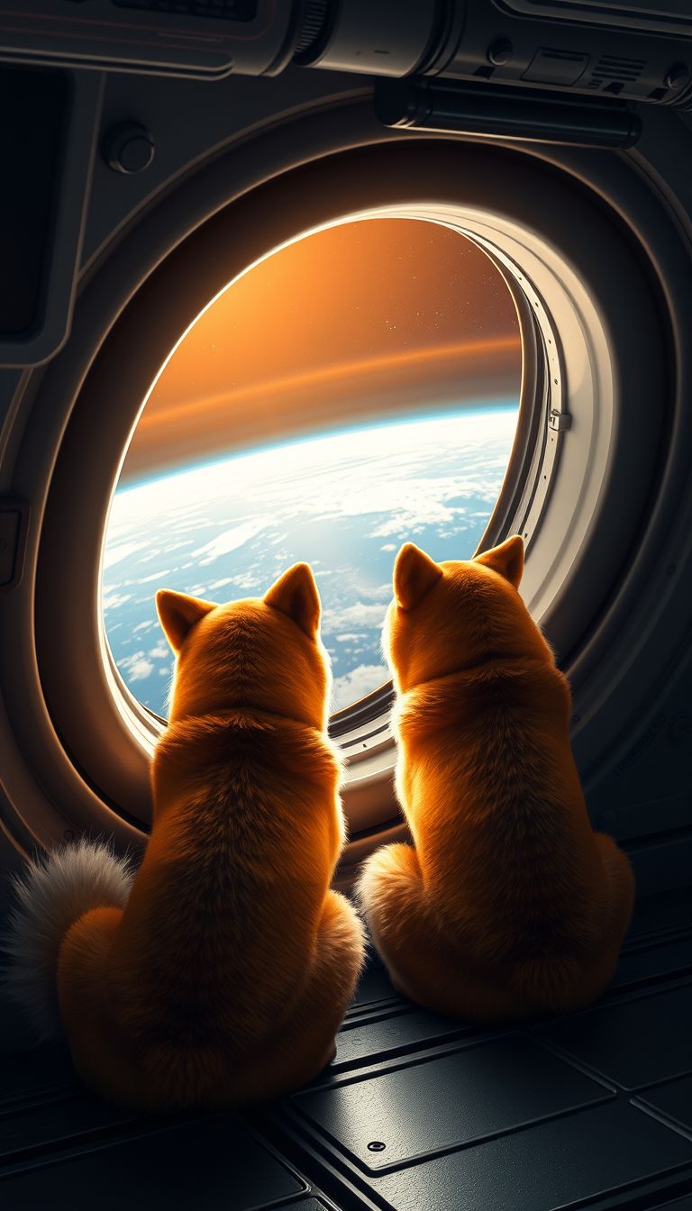 "Two little Shiba Inu are squatting by the spaceship's window, looking outside, with the Earth in the distance, high-definition quality, phone wallpaper, realistic, masterwork." - Image