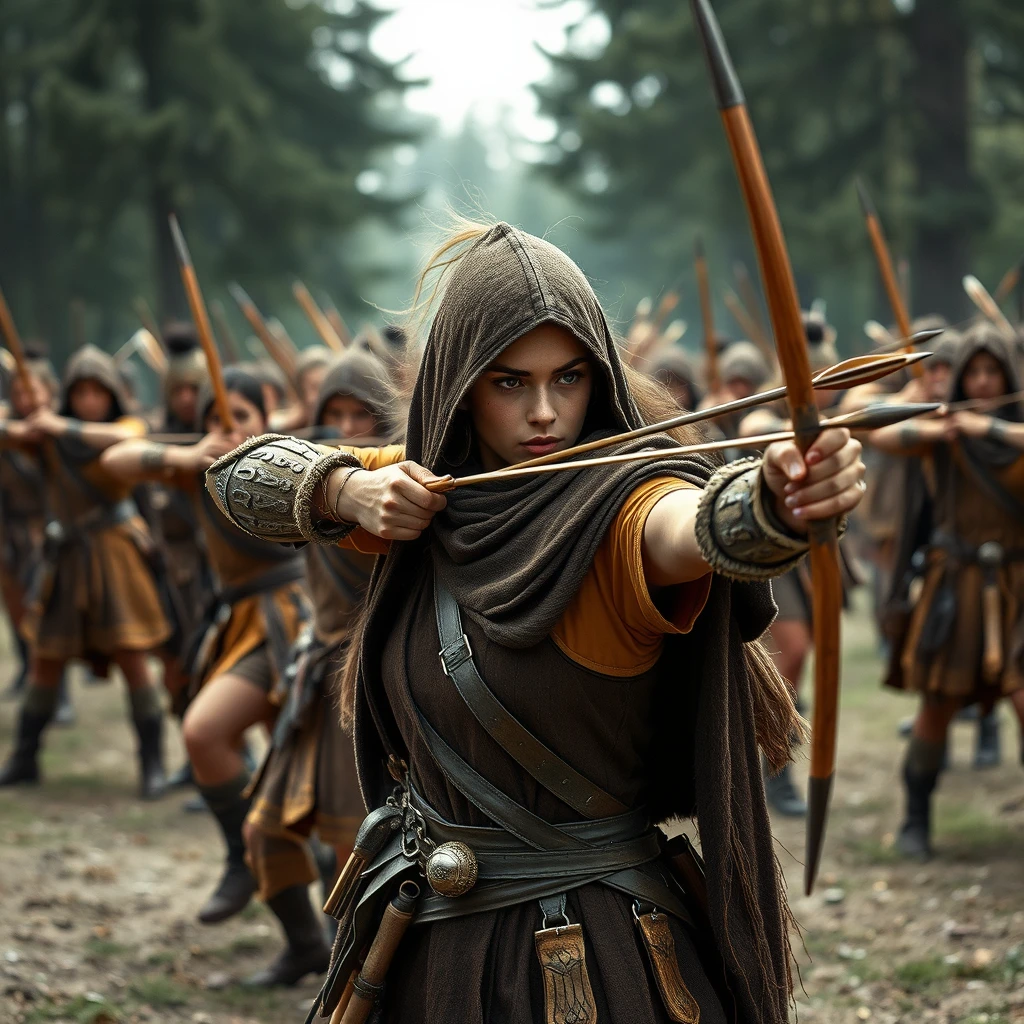 Real person photography, with many female barbarians shooting arrows. - Image