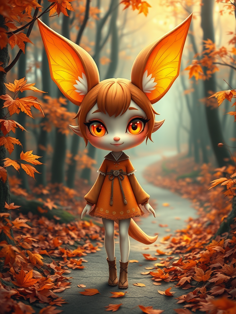 A captivating 3D render of a magical nature and Anime spirit's wide, expressive light orange iridescent eyes radiate calm and wonder, while its large vibrant iridescent ears and graceful, whimsical features enchant viewers. Clad in orange and brown dander clothes, the anime spirit girl stands on a winding forest path, surrounded by vibrant autumn leaves in shades of orange and red. The atmosphere is ethereal and magical, masterfully blending 2D and 3D elements to create a captivating, poster-worthy scene that truly comes alive., painting, illustration, photo, anime, poster, 3d render - Image