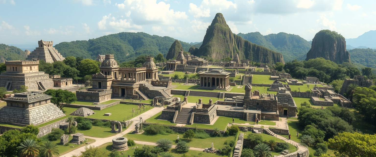 Grand, ancient ruins, historical, archaeological, high quality, photorealistic, mystical, lost civilizations, stone structures, lush greenery, mysterious, UNESCO World Heritage Site, panoramic, breathtaking::1.5 hieroglyphs, temples, palaces, pillars, statues, sacred sites, ancient tombs, hidden chambers.