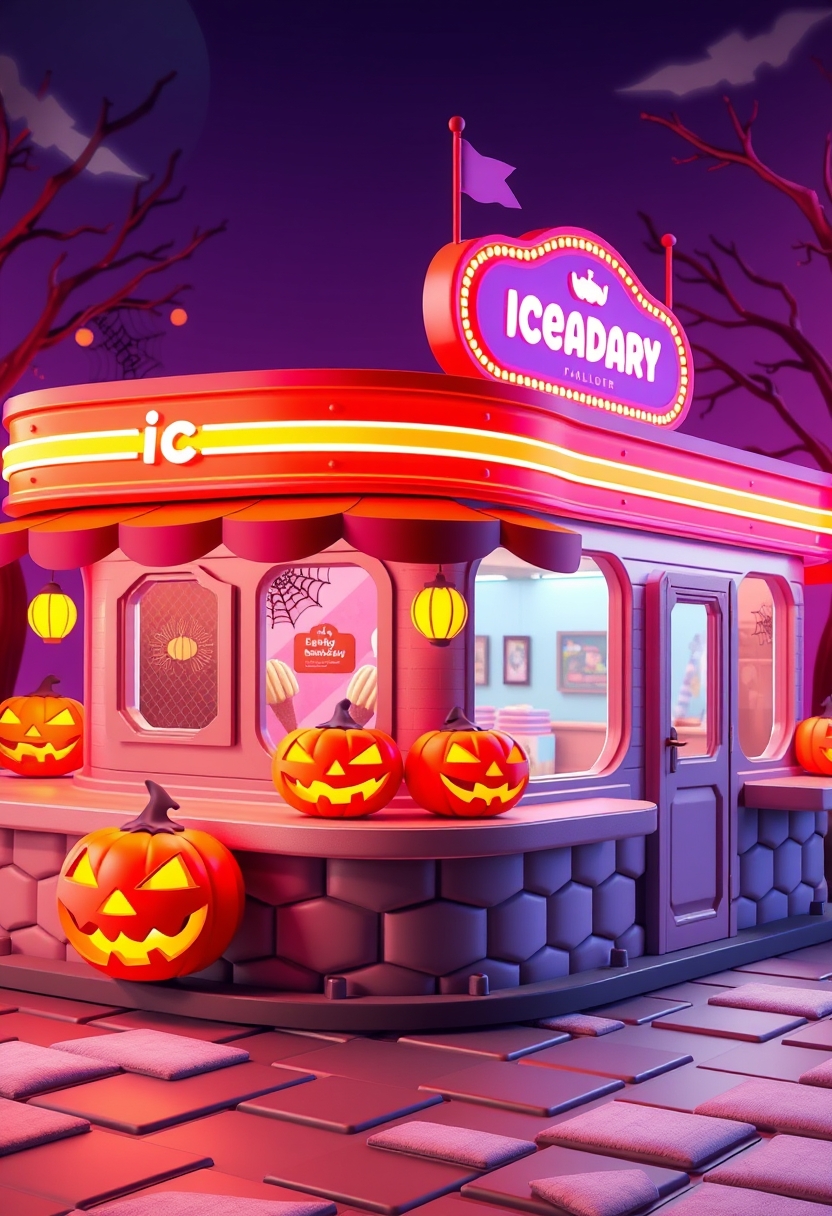 Ice cream parlor with jack-o'-lanterns, festive Halloween theme, 3D illustration. - Image