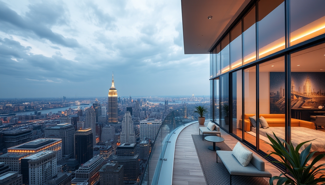 A luxurious glass-walled penthouse apartment overlooking a bustling city. - Image