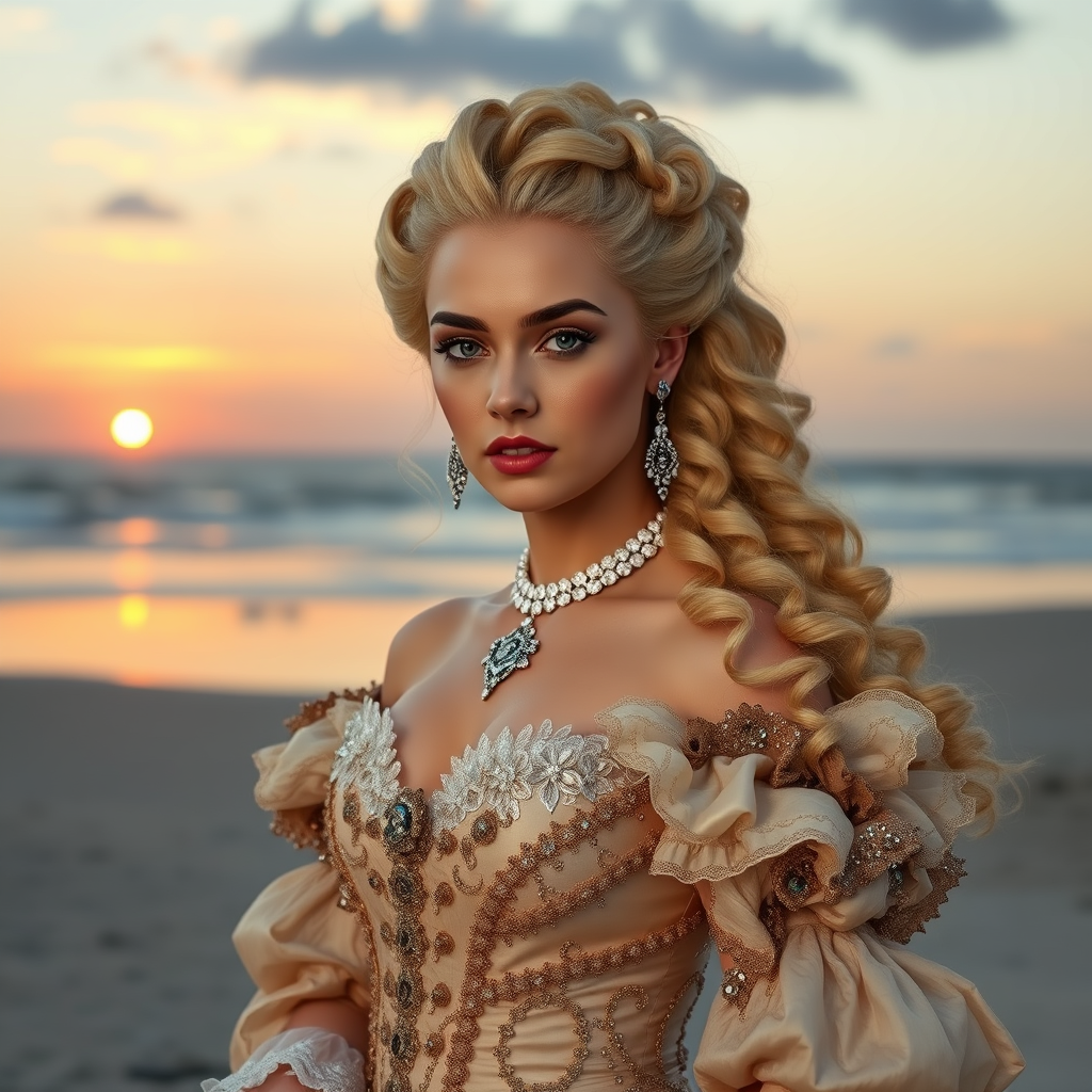 "Rococo Daenerys as Marie Antoinette", at beach, sunset, cinematic, elaborate gown, rococo hair, head and shoulders portrait.