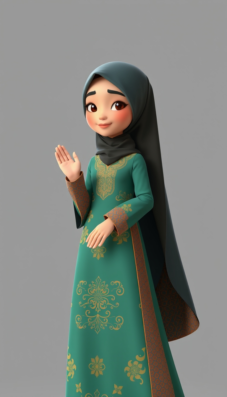 Create a 3D, 8K animated cartoon of a Muslim woman from Palembang wearing a long traditional songket dress. She should have her hands covered with batik gloves. The image should capture the elegance and cultural richness of the attire.