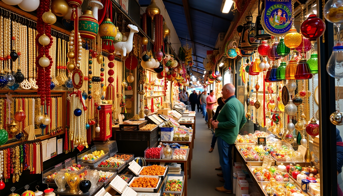 A bustling market with stalls selling colorful glass jewelry and ornaments.