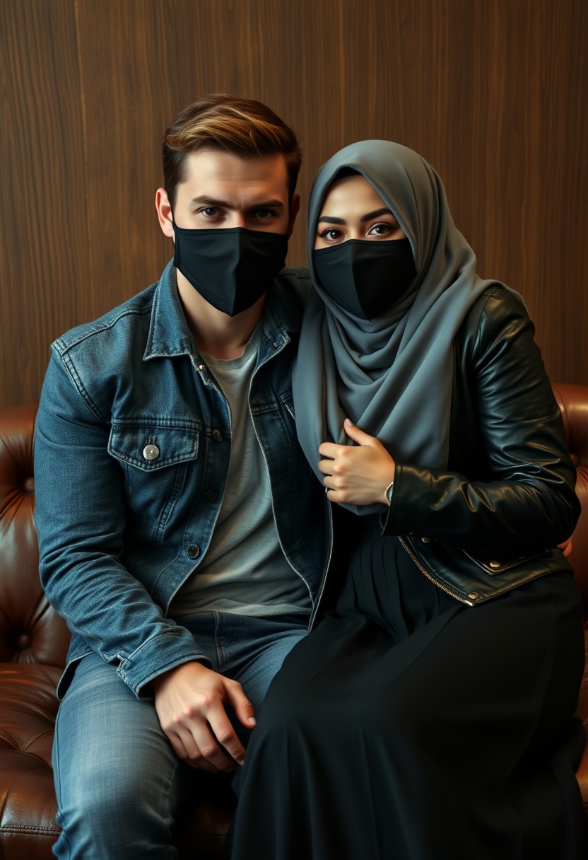 Jamie Dornan's head and body shot, handsome, face mask black, jeans jacket, jeans, dating, love couple, with the biggest grey hijab Muslim girl, beautiful eyes, face mask black, black leather jacket, biggest skirt, hyper-realistic, studio photography, sitting on a leather classic sofa, wooden wall, selfie. - Image