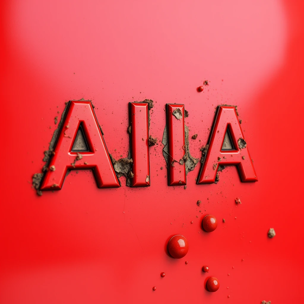 A realistic 3D red color "AIA" logo tarnished and stained with feces.